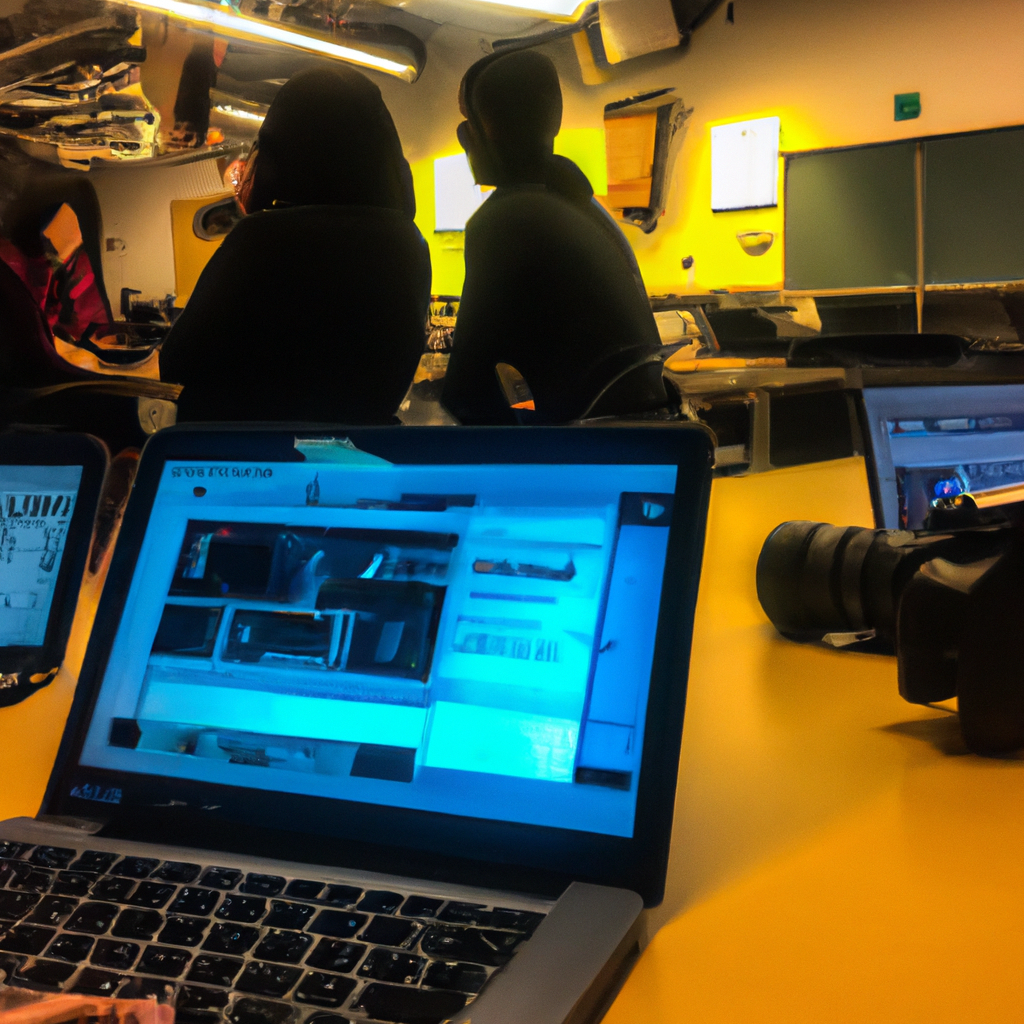 Students collaborating in a Toronto newsroom with cameras and laptops